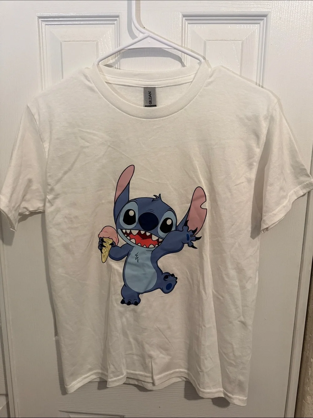 Gildan White Kids Tee with Blue Stitch Graphic - Picture 1 of 4